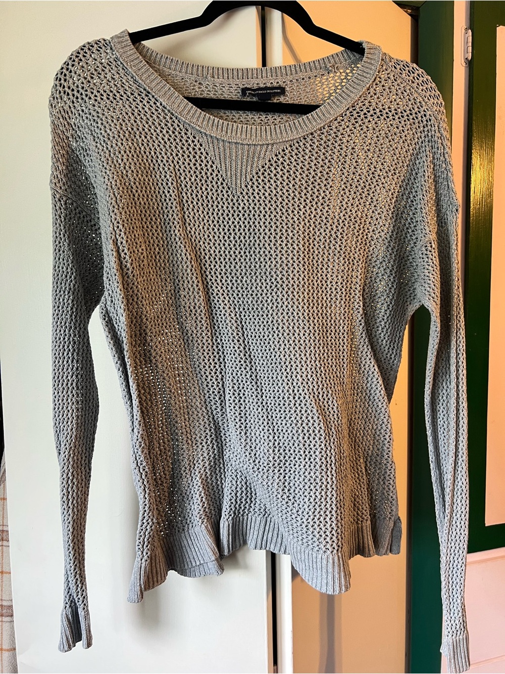 American Eagle Outfitters Light Gray Open-Knit Crew Sweater